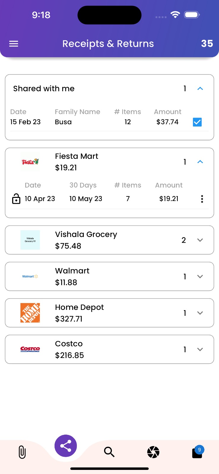 Receipts sorted by stores