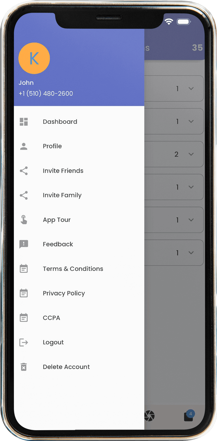 Screenshot of menu of Receipts and Returns mobile app