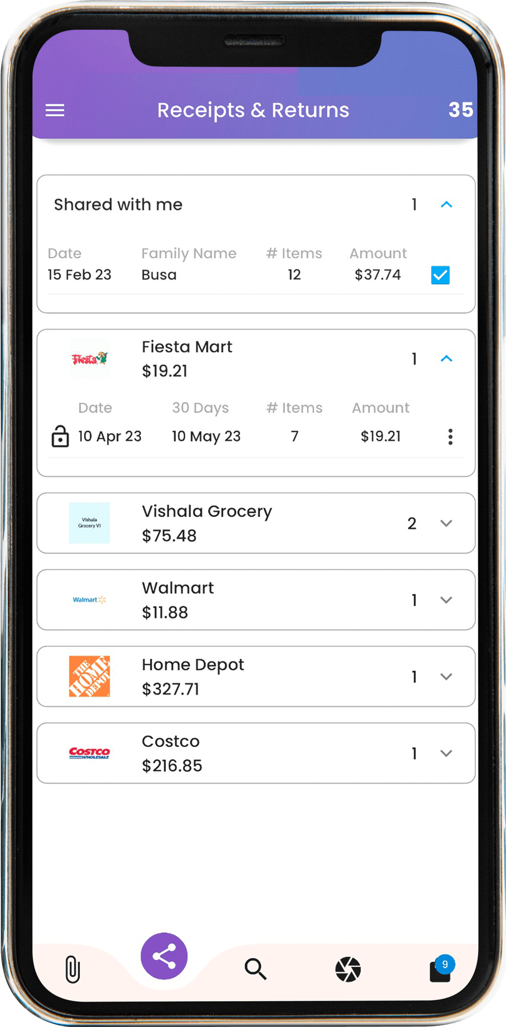 Receipts sorted by Store
